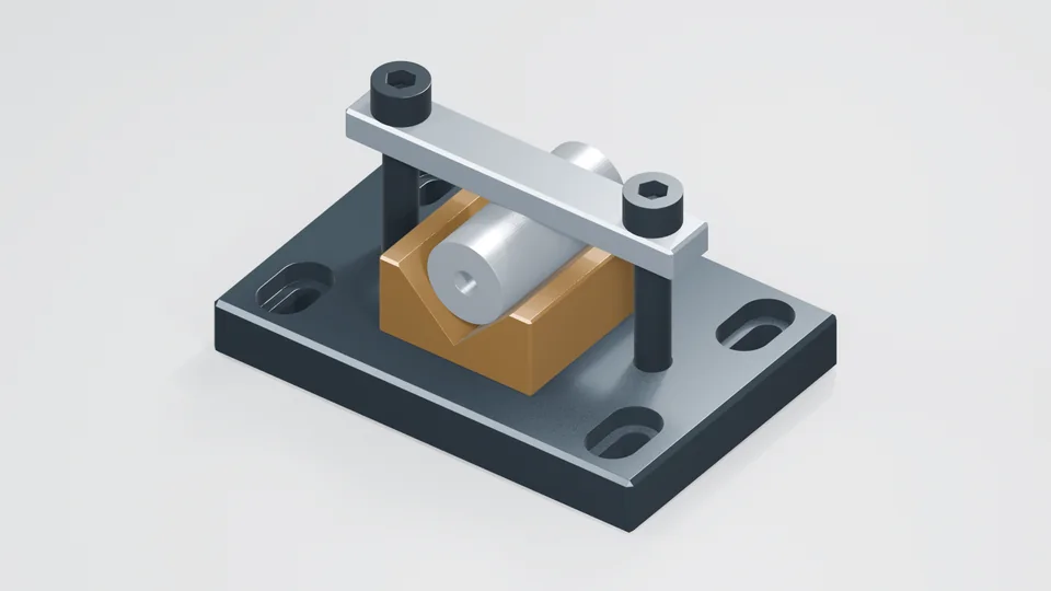 CAD-derived render from the original fixture geometry: Assembled workholding fixture