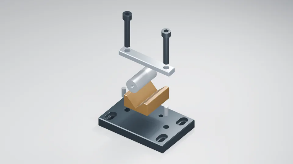 CAD-derived render from the original fixture geometry: Exploded workholding fixture